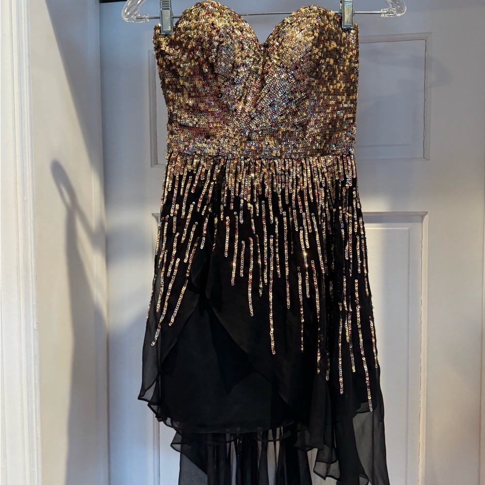 Sherri Hill Black and Gold High Low Dress
